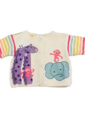 White Knit Baby Cardigan with Purple Giraffe & Blue Elephant